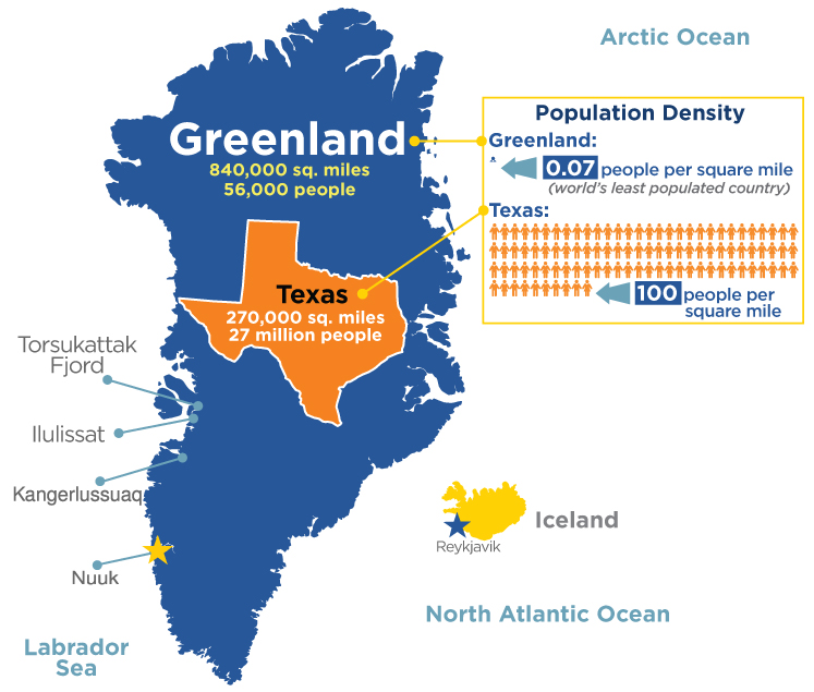 Greenland population density compared to Texas