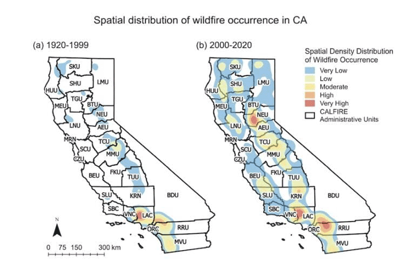 map featuring analysis of fire frequency, burned area and the many drivers of California’s catastrophic wildfires