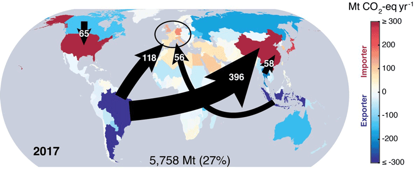 Map tracks greenhouse gas emissions embodied in the international trade of agricultural goods.